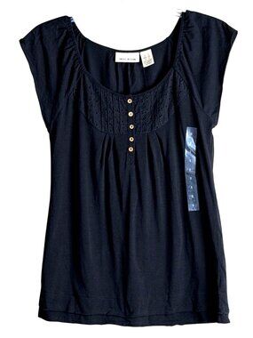 DKNY Jeans Women's Eyelet Trim Short Sleeve Top Black Size Small NWT